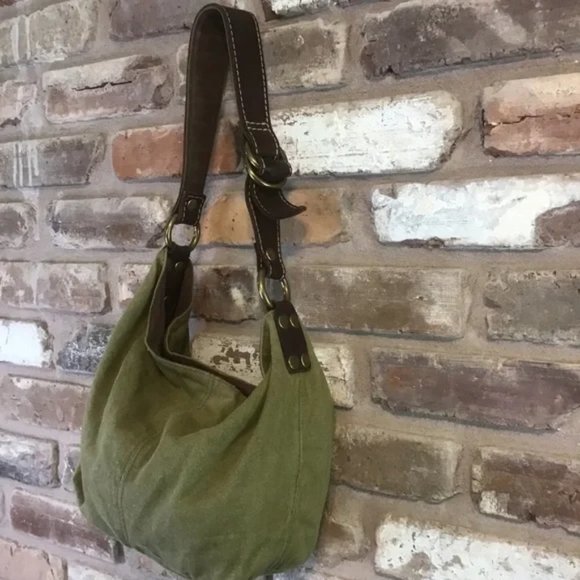 Lucky Brand Handbags - LUCKY BRAND Small Olive Green Canvas Brown Leather Strap Adjustable Hobo Bag